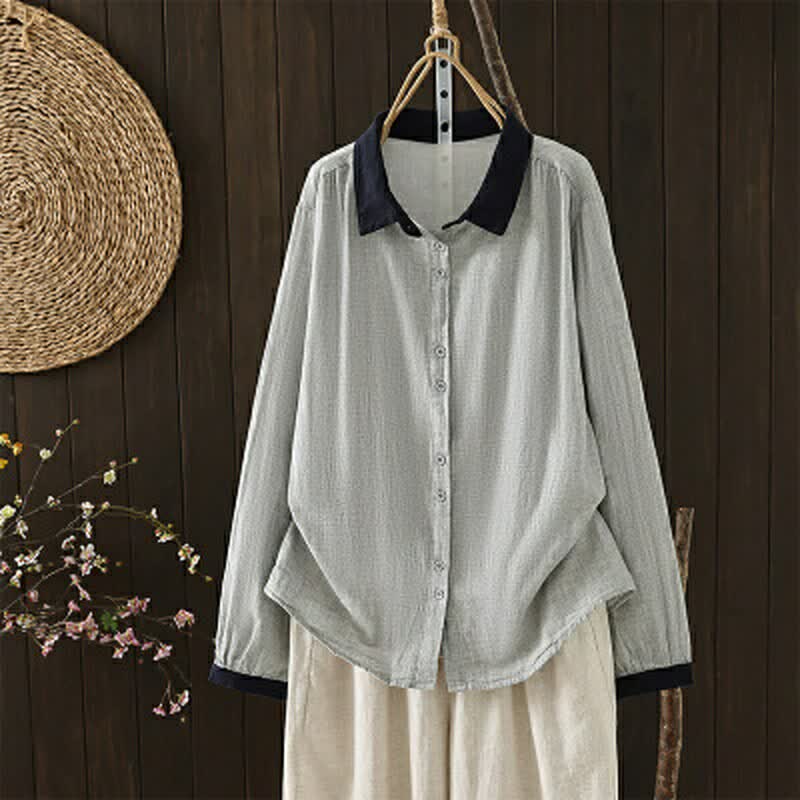 Buddha Stones Spring Casual Vintage Button-Up Contrast Collar Women's Long Sleeve Shirts - image 13