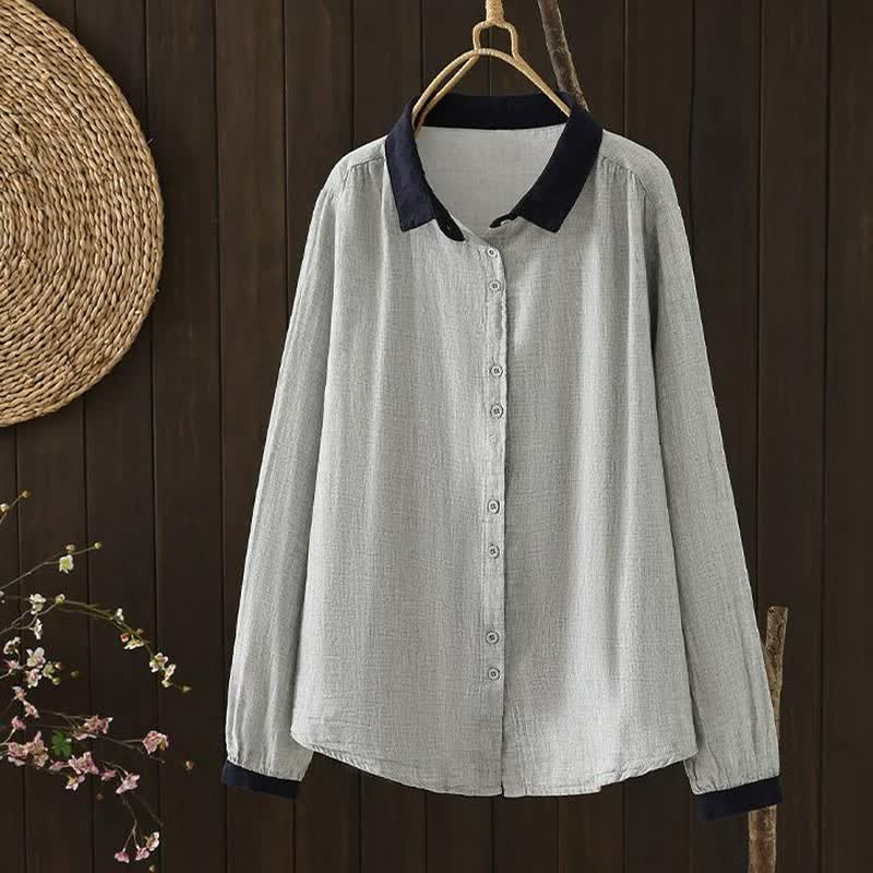Buddha Stones Spring Casual Vintage Button-Up Contrast Collar Women's Long Sleeve Shirts - Silver - US12, UK/AU16, EU44 (3XL) - image 12