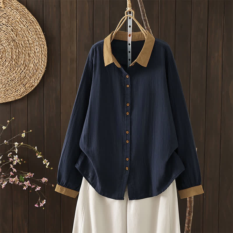 Buddha Stones Spring Casual Vintage Button-Up Contrast Collar Women's Long Sleeve Shirts - MidnightBlue - US12, UK/AU16, EU44 (3XL) - image 0