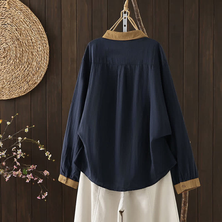 Buddha Stones Spring Casual Vintage Button-Up Contrast Collar Women's Long Sleeve Shirts - image 2