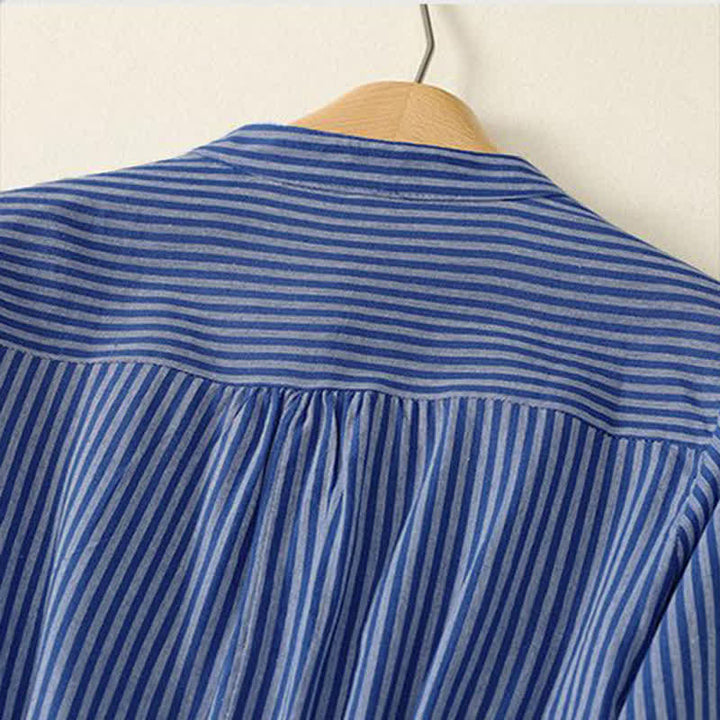 Buddha Stones Spring Fall Casual Drawstring Blue Striped Women's Long Sleeve Dress With Pockets - image 3
