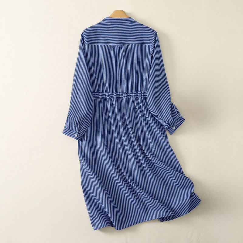 Buddha Stones Spring Fall Casual Drawstring Blue Striped Women's Long Sleeve Dress With Pockets - image 1