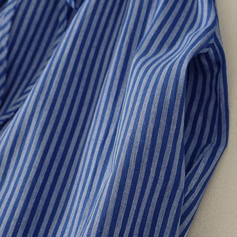 Buddha Stones Spring Fall Casual Drawstring Blue Striped Women's Long Sleeve Dress With Pockets - image 6