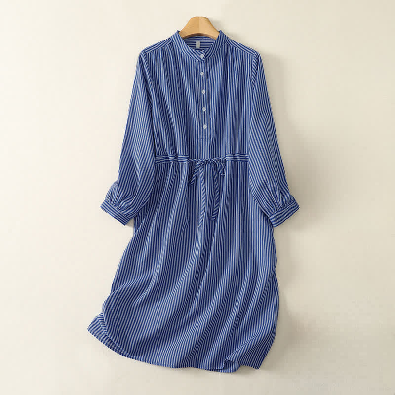 Buddha Stones Spring Fall Casual Drawstring Blue Striped Women's Long Sleeve Dress With Pockets - RoyalBlue - US14, UK/AU18, EU46 (2XL) - image 0