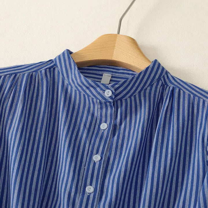 Buddha Stones Spring Fall Casual Drawstring Blue Striped Women's Long Sleeve Dress With Pockets - image 2