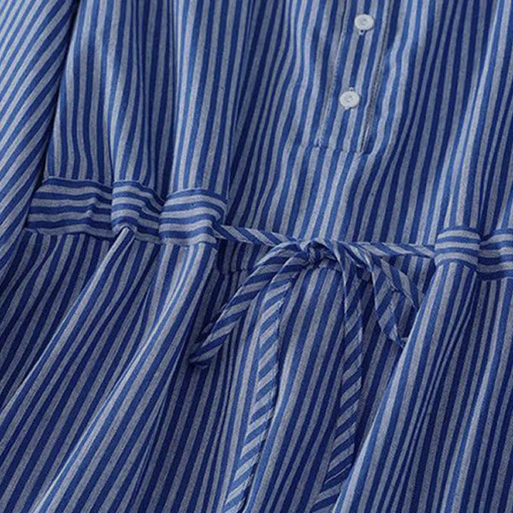 Buddha Stones Spring Fall Casual Drawstring Blue Striped Women's Long Sleeve Dress With Pockets - image 4