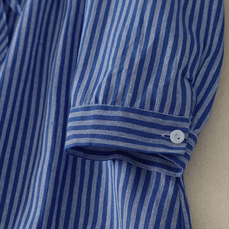 Buddha Stones Spring Fall Casual Drawstring Blue Striped Women's Long Sleeve Dress With Pockets - image 7