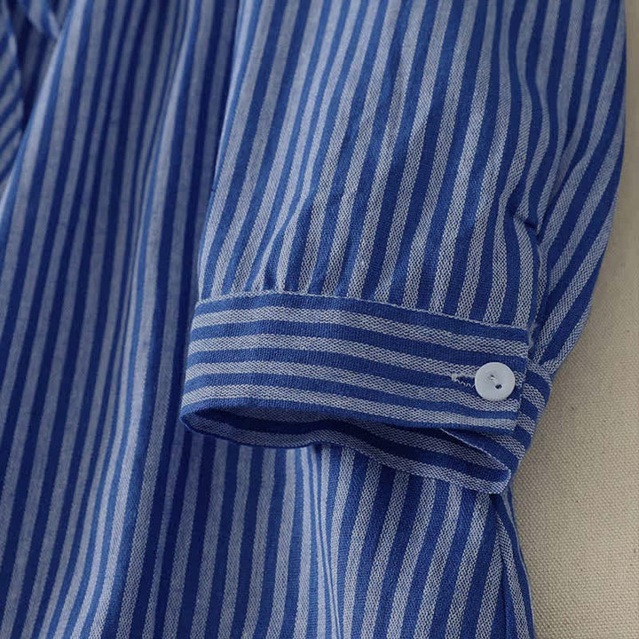Buddha Stones Spring Fall Casual Drawstring Blue Striped Women's Long Sleeve Dress With Pockets - image 7