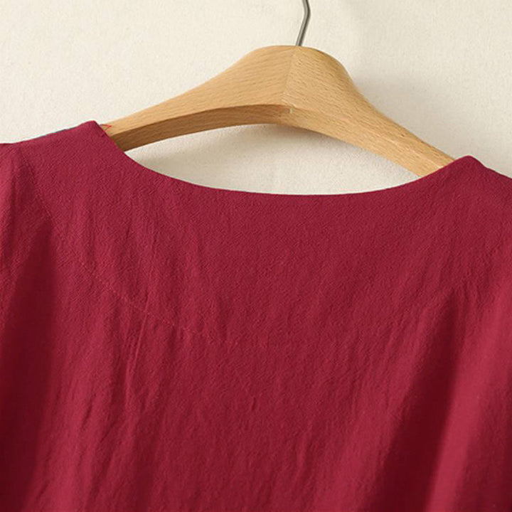 Buddha Stones Fall Tang Style Casual Knot Button Red Colorful Striped Women's Long Sleeve Dress With Pockets - image 3