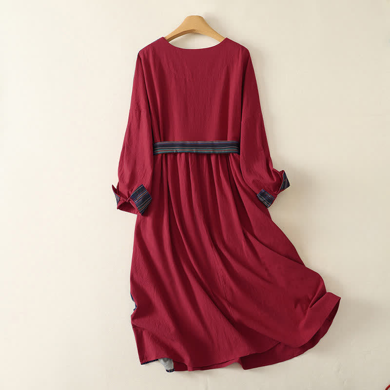Buddha Stones Fall Tang Style Casual Knot Button Red Colorful Striped Women's Long Sleeve Dress With Pockets - image 1