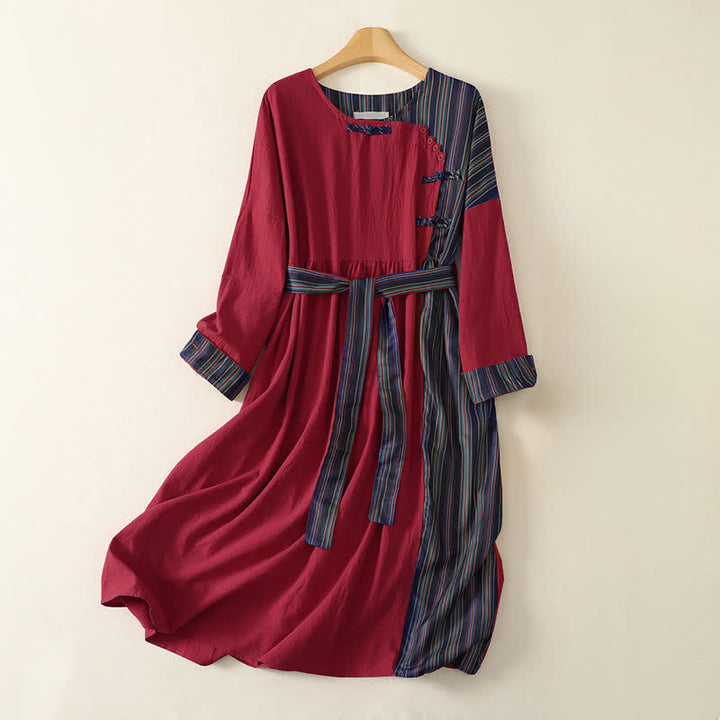 Buddha Stones Fall Tang Style Casual Knot Button Red Colorful Striped Women's Long Sleeve Dress With Pockets - Firebrick - US12, UK/AU16, EU44 (2XL) - image 0