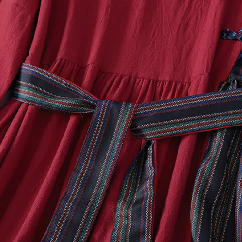 Buddha Stones Fall Tang Style Casual Knot Button Red Colorful Striped Women's Long Sleeve Dress With Pockets - image 6