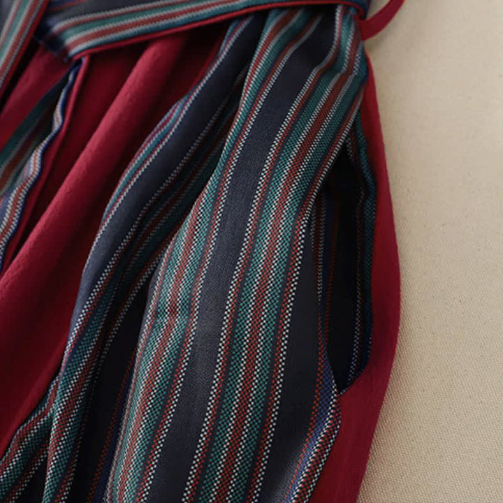 Buddha Stones Fall Tang Style Casual Knot Button Red Colorful Striped Women's Long Sleeve Dress With Pockets - image 8