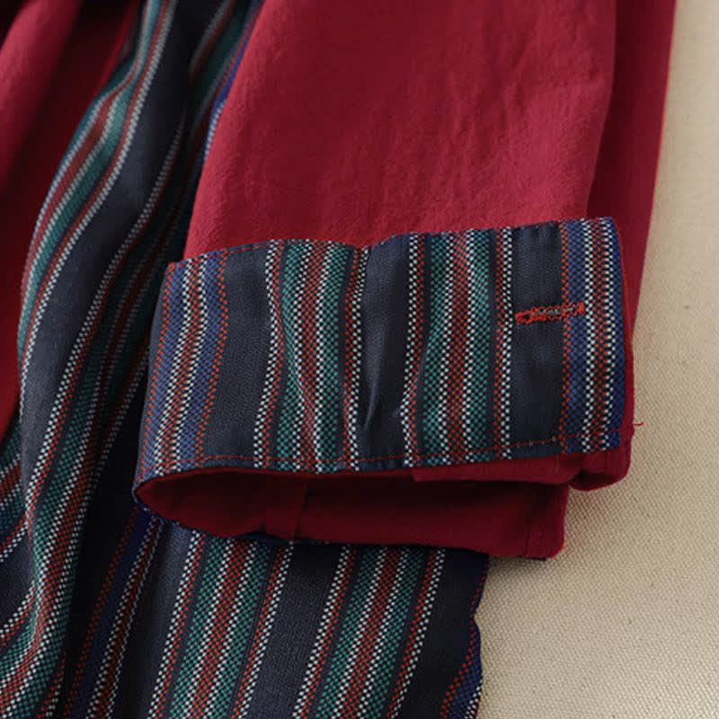 Buddha Stones Fall Tang Style Casual Knot Button Red Colorful Striped Women's Long Sleeve Dress With Pockets - image 7