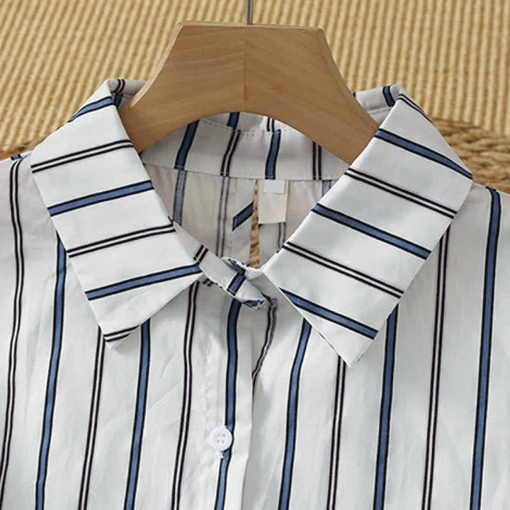 Buddha Stones Spring Casual Minimalist Button-Up Vertical Striped Women's Long Sleeve Shirts - image 6