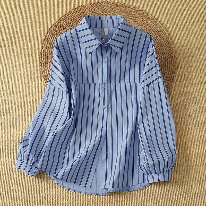 Buddha Stones Spring Casual Minimalist Button-Up Vertical Striped Women's Long Sleeve Shirts - CornflowerBlue - US12, UK/AU16, EU44 (2XL) - image 0
