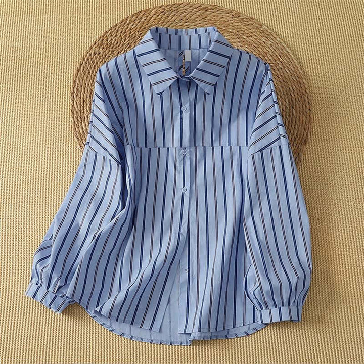 Buddha Stones Spring Casual Minimalist Button-Up Vertical Striped Women's Long Sleeve Shirts - CornflowerBlue - US12, UK/AU16, EU44 (2XL) - image 0