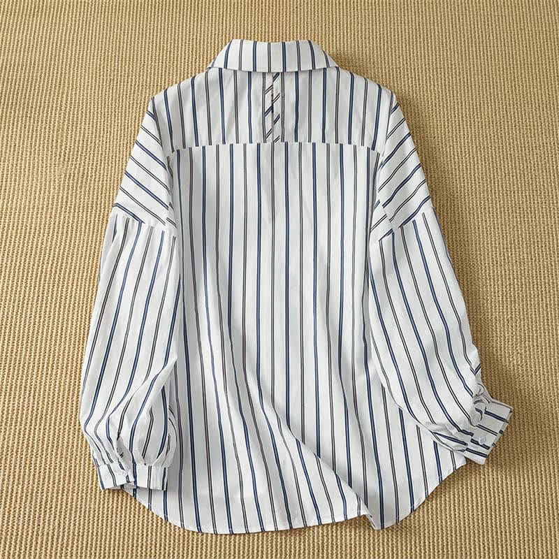 Buddha Stones Spring Casual Minimalist Button-Up Vertical Striped Women's Long Sleeve Shirts - image 5