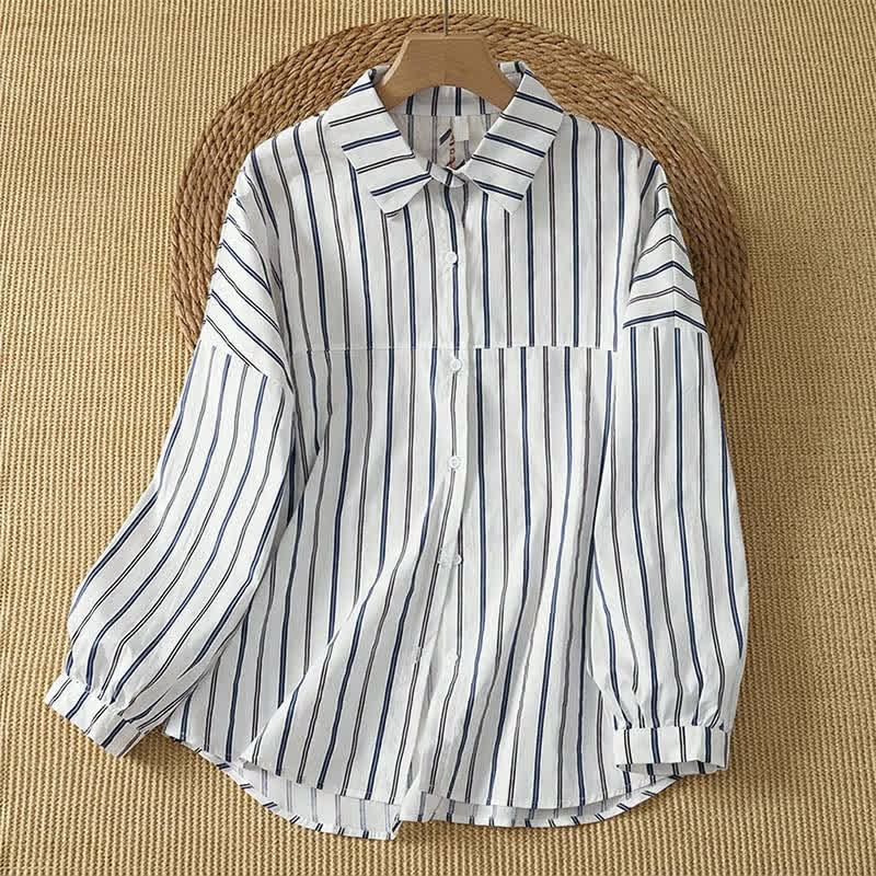 Buddha Stones Spring Casual Minimalist Button-Up Vertical Striped Women's Long Sleeve Shirts - White - US12, UK/AU16, EU44 (2XL) - image 4