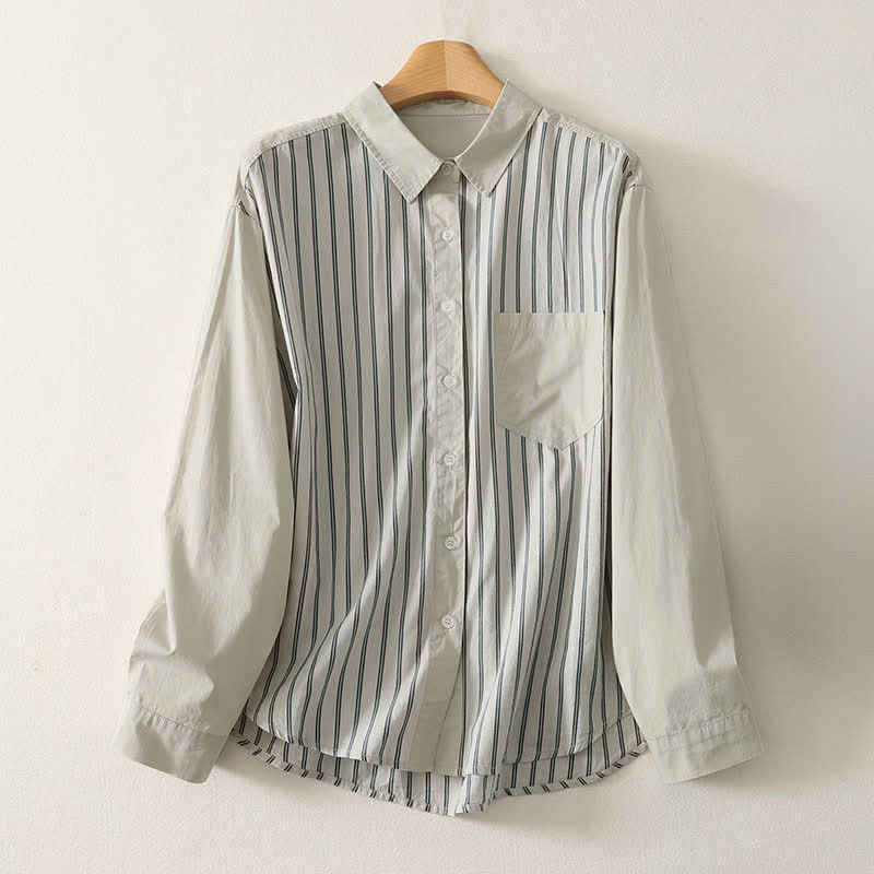 Buddha Stones Spring Casual Minimalist Button-Up Striped Patchwork Women's Long Sleeve Shirts With Patch Pocket - image 10