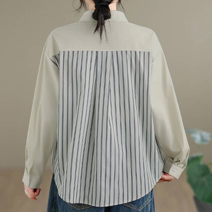 Buddha Stones Spring Casual Minimalist Button-Up Striped Patchwork Women's Long Sleeve Shirts With Patch Pocket - image 9