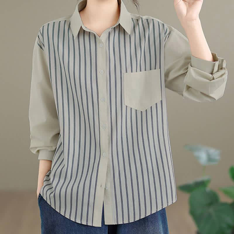 Buddha Stones Spring Casual Minimalist Button-Up Striped Patchwork Women's Long Sleeve Shirts With Patch Pocket - image 6