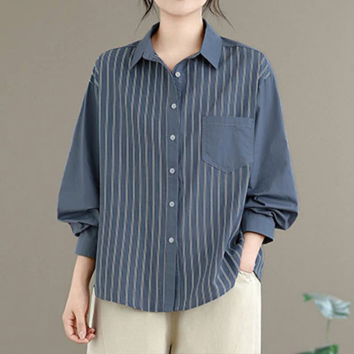 Buddha Stones Spring Casual Minimalist Button-Up Striped Patchwork Women's Long Sleeve Shirts With Patch Pocket - image 1