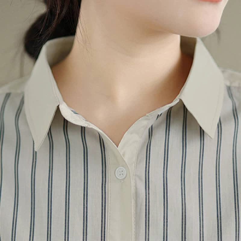 Buddha Stones Spring Casual Minimalist Button-Up Striped Patchwork Women's Long Sleeve Shirts With Patch Pocket - image 11