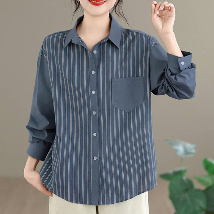 Buddha Stones Spring Casual Minimalist Button-Up Striped Patchwork Women's Long Sleeve Shirts With Patch Pocket - SteelBlue - US8-10, UK/AU12-14, EU40-42 (2XL) - image 0