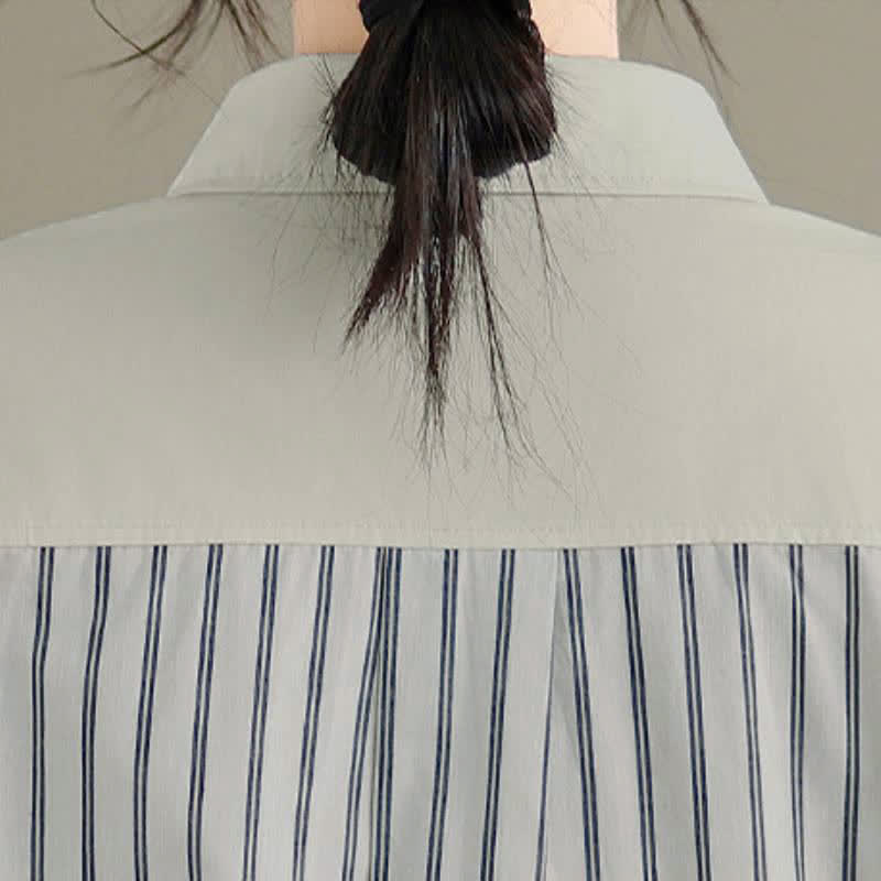 Buddha Stones Spring Casual Minimalist Button-Up Striped Patchwork Women's Long Sleeve Shirts With Patch Pocket - image 12