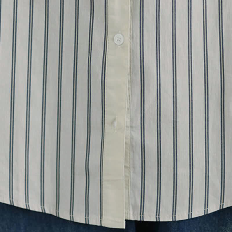 Buddha Stones Spring Casual Minimalist Button-Up Striped Patchwork Women's Long Sleeve Shirts With Patch Pocket - image 13