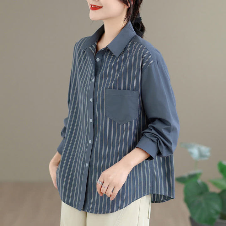 Buddha Stones Spring Casual Minimalist Button-Up Striped Patchwork Women's Long Sleeve Shirts With Patch Pocket - image 3