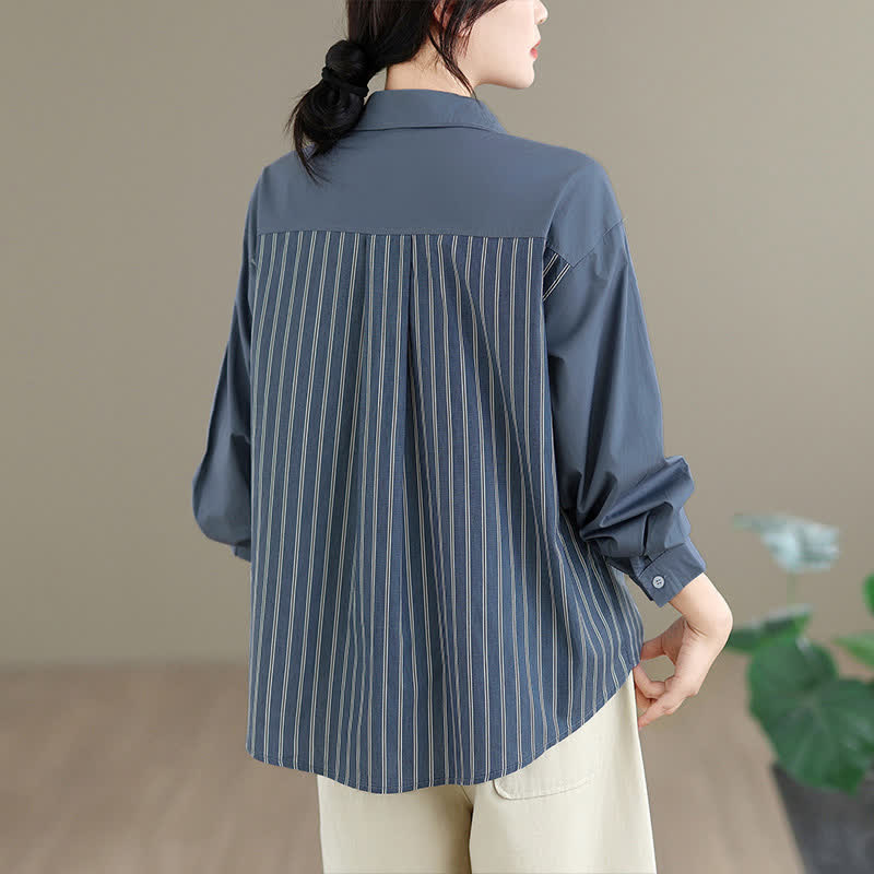 Buddha Stones Spring Casual Minimalist Button-Up Striped Patchwork Women's Long Sleeve Shirts With Patch Pocket - image 4