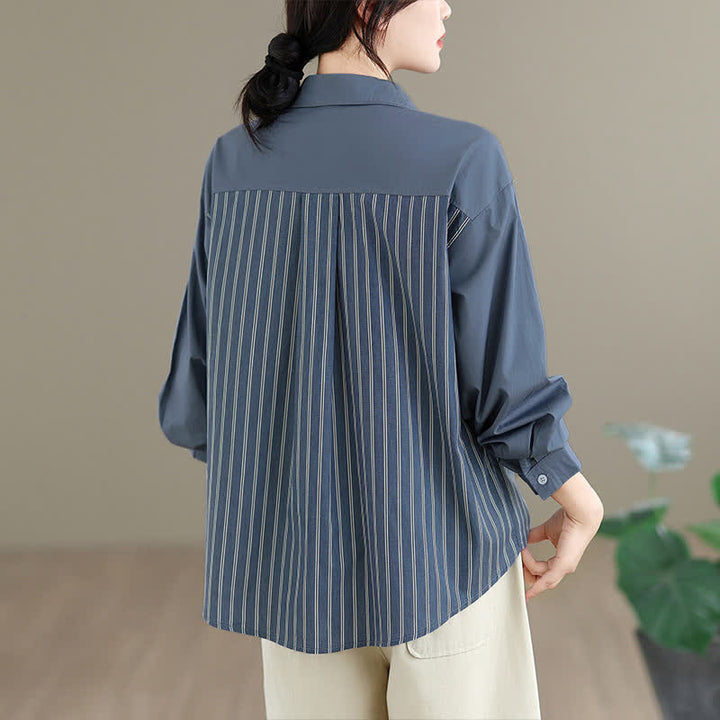 Buddha Stones Spring Casual Minimalist Button-Up Striped Patchwork Women's Long Sleeve Shirts With Patch Pocket - image 4
