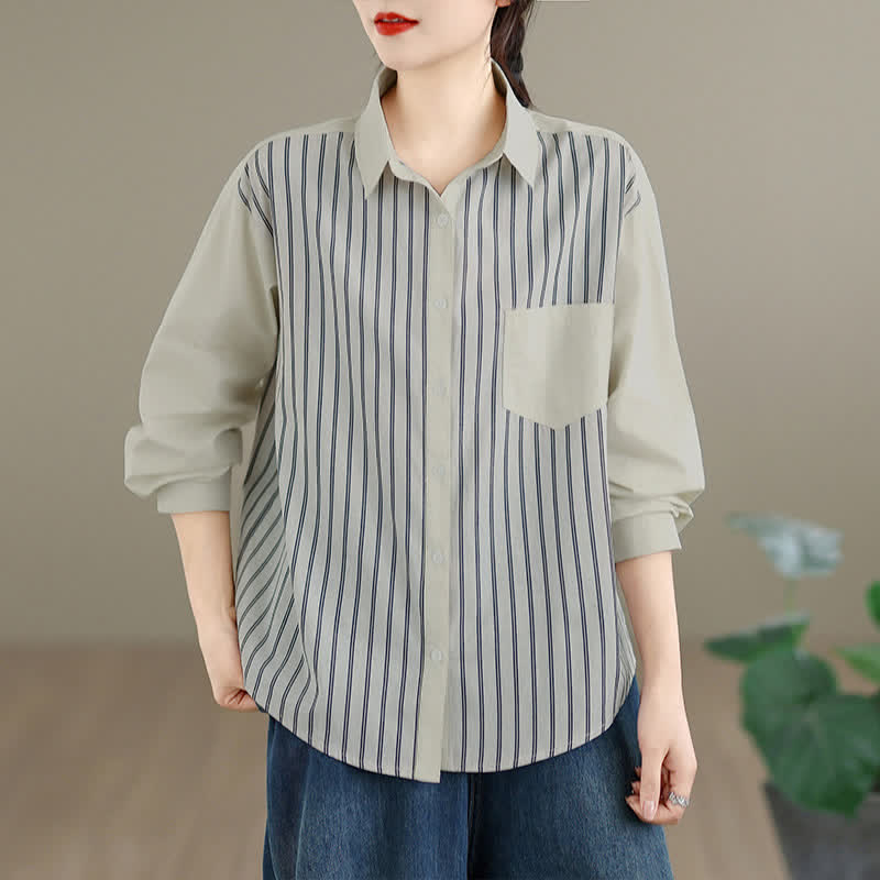 Buddha Stones Spring Casual Minimalist Button-Up Striped Patchwork Women's Long Sleeve Shirts With Patch Pocket - Beige - US8-10, UK/AU12-14, EU40-42 (2XL) - image 5