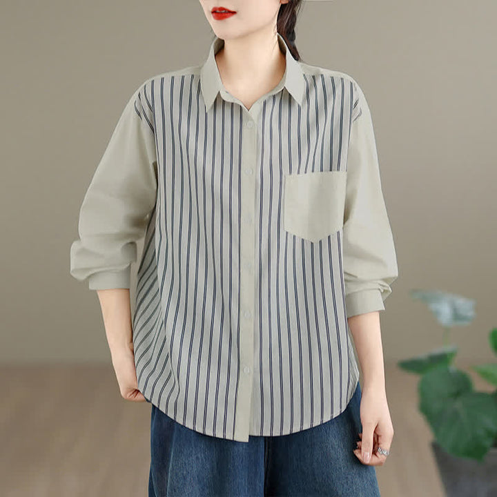 Buddha Stones Spring Casual Minimalist Button-Up Striped Patchwork Women's Long Sleeve Shirts With Patch Pocket - Beige - US8-10, UK/AU12-14, EU40-42 (2XL) - image 5