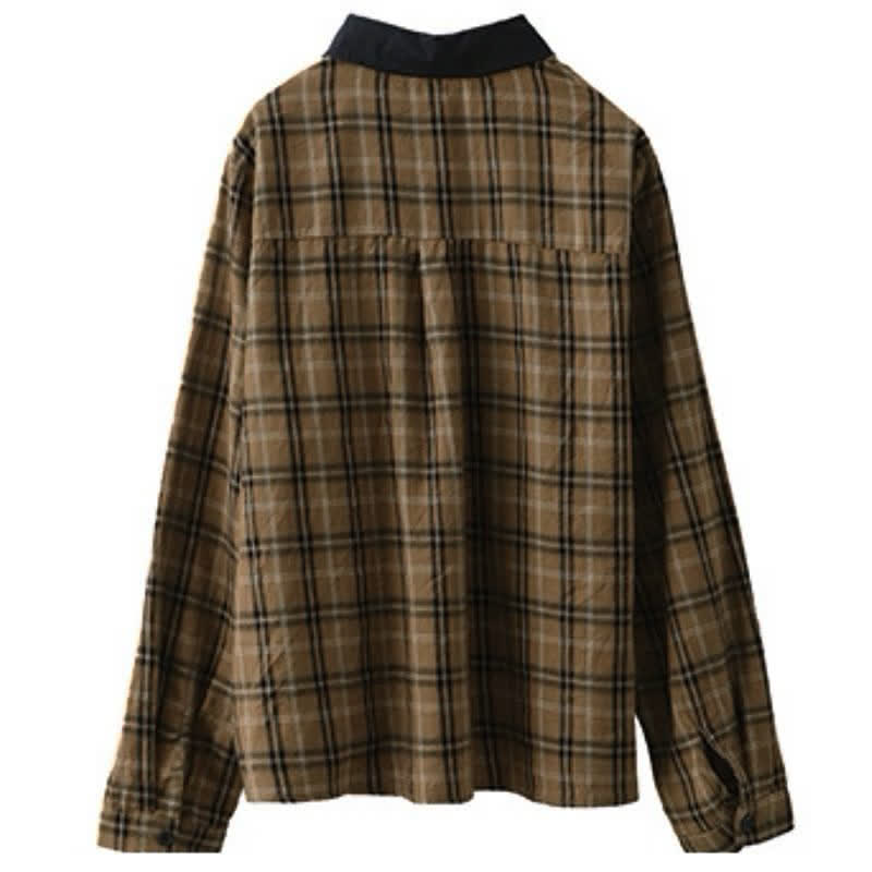 Buddha Stones Fall Casual Vintage Button-Up Contrast Collar Plaid Women's Long Sleeve Shirts - image 3