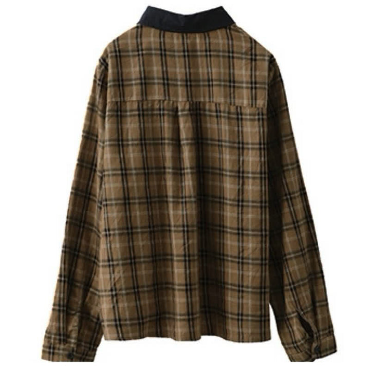 Buddha Stones Fall Casual Vintage Button-Up Contrast Collar Plaid Women's Long Sleeve Shirts - image 3