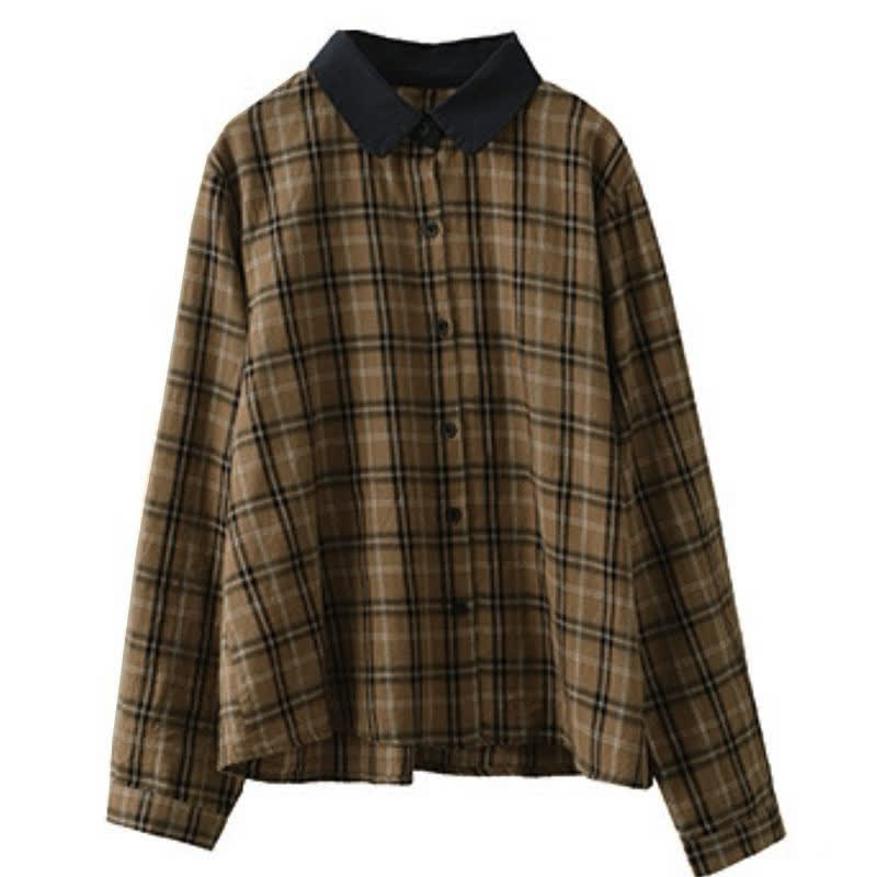 Buddha Stones Fall Casual Vintage Button-Up Contrast Collar Plaid Women's Long Sleeve Shirts - image 3