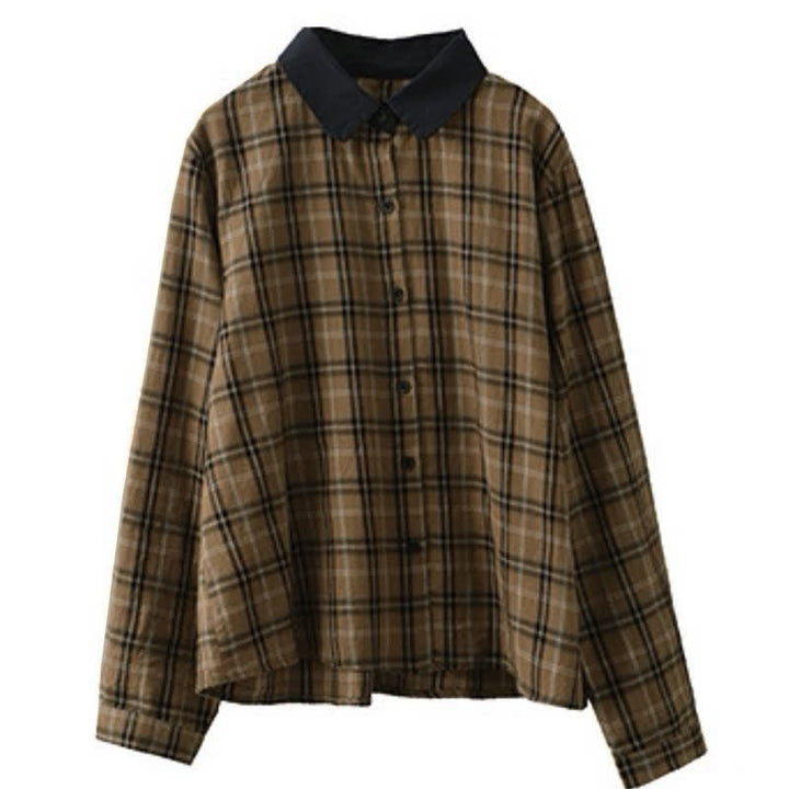 Buddha Stones Fall Casual Vintage Button-Up Contrast Collar Plaid Women's Long Sleeve Shirts - image 3