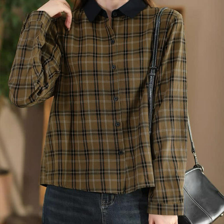 Buddha Stones Fall Casual Vintage Button-Up Contrast Collar Plaid Women's Long Sleeve Shirts - image 1