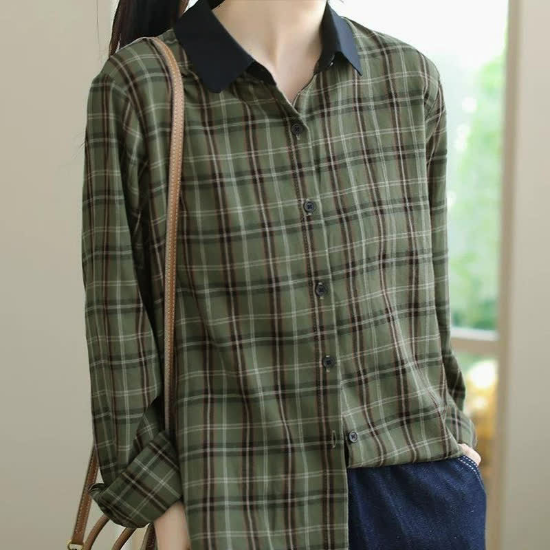Buddha Stones Fall Casual Vintage Button-Up Contrast Collar Plaid Women's Long Sleeve Shirts - image 8