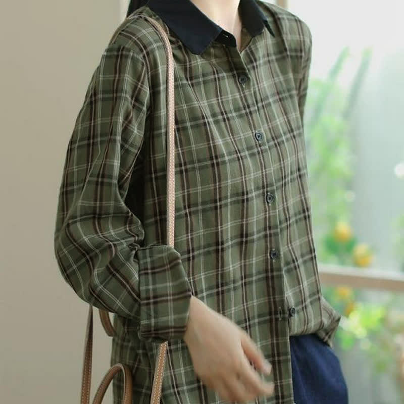 Buddha Stones Fall Casual Vintage Button-Up Contrast Collar Plaid Women's Long Sleeve Shirts - image 9