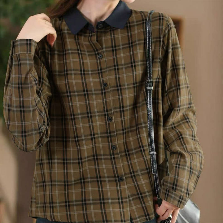 Buddha Stones Fall Casual Vintage Button-Up Contrast Collar Plaid Women's Long Sleeve Shirts - DarkKhaki - US8-10, UK/AU12-14, EU40-42 (2XL) - image 0