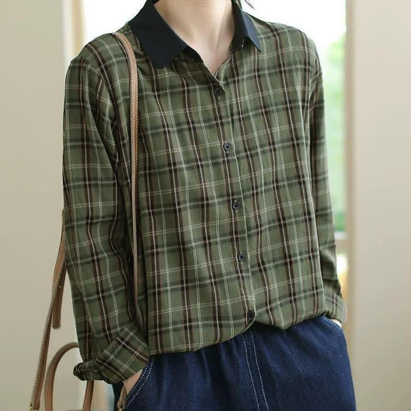 Buddha Stones Fall Casual Vintage Button-Up Contrast Collar Plaid Women's Long Sleeve Shirts - OliveDrab - US8-10, UK/AU12-14, EU40-42 (2XL) - image 7