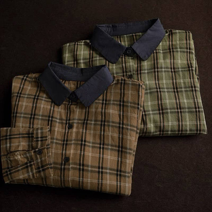 Buddha Stones Fall Casual Vintage Button-Up Contrast Collar Plaid Women's Long Sleeve Shirts - image 16