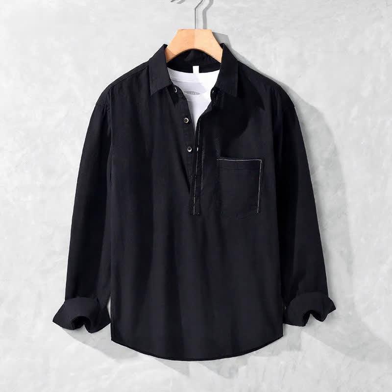 Buddha Stones Spring Fall Casual Button-Up Solid Cotton Men's Long Sleeve Shirts With Patch Pocket - Black - US/UK/AU42, EU52 (3XL) - image 9