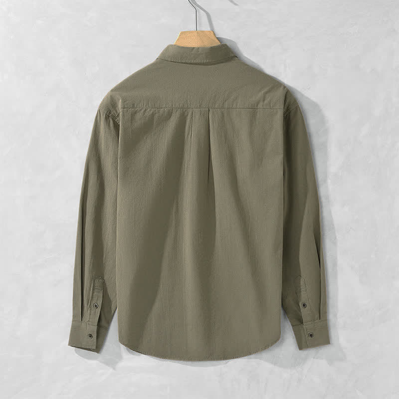 Buddha Stones Spring Fall Casual Button-Up Solid Cotton Men's Long Sleeve Shirts With Patch Pocket - image 1