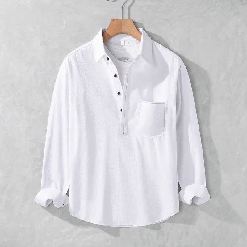 Buddha Stones Spring Fall Casual Button-Up Solid Cotton Men's Long Sleeve Shirts With Patch Pocket - White - US/UK/AU42, EU52 (3XL) - image 11