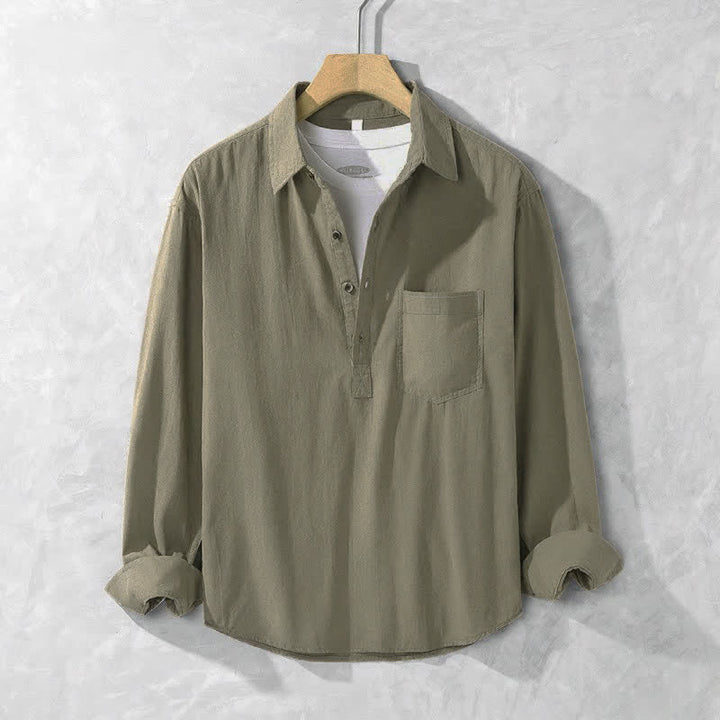 Buddha Stones Spring Fall Casual Button-Up Solid Cotton Men's Long Sleeve Shirts With Patch Pocket - DarkOliveGreen - US/UK/AU42, EU52 (3XL) - image 0